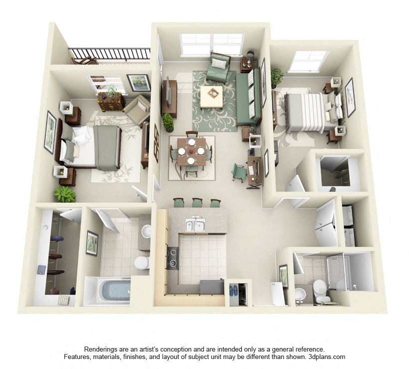 Floor plan for 2 beds, 2 baths, 1074 sqft